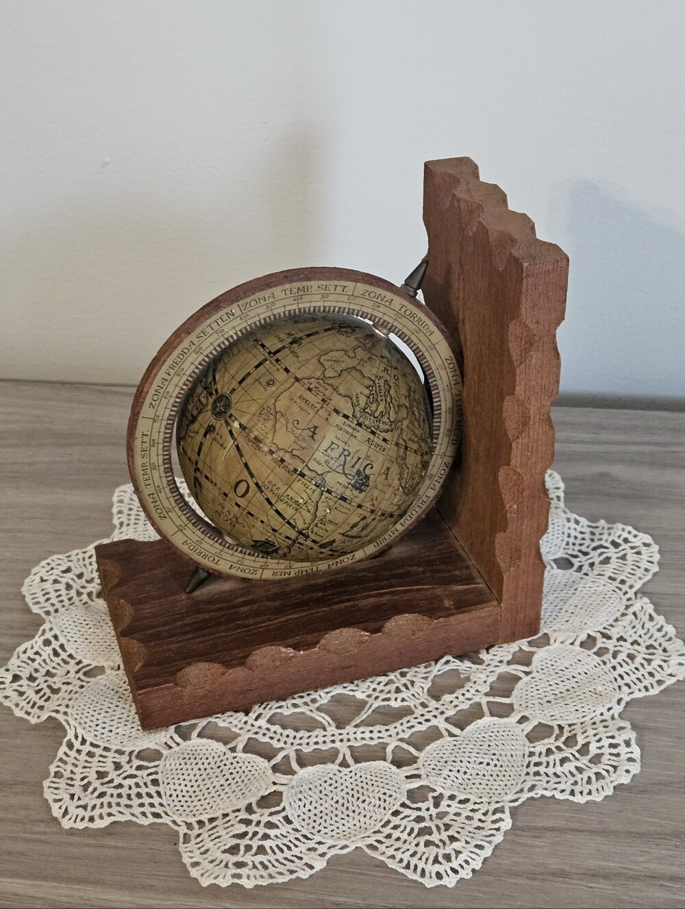 Vintage MCM Old World Mini Globe Wooden Bookend